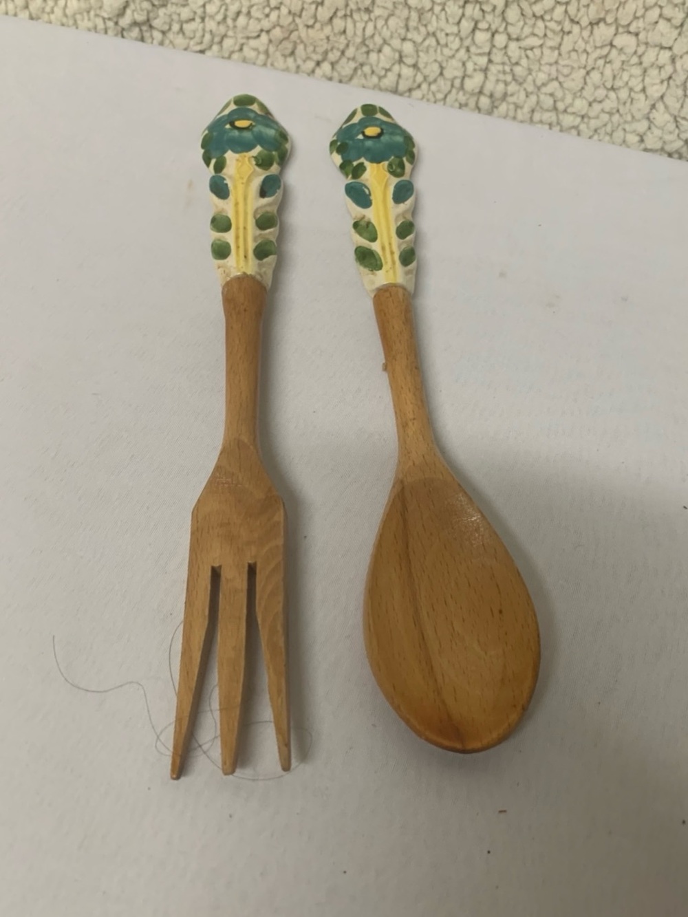Hand-Painted Ceramic-Top Wooden Salad Fork and Spoon - Green Floral